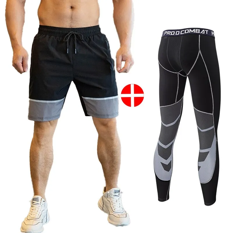 2pcs Set Men Running Compression Sweatpants Gym Jogging Leggings Basketball Football Shorts Fitness Clothes Tight Sport Pants v1