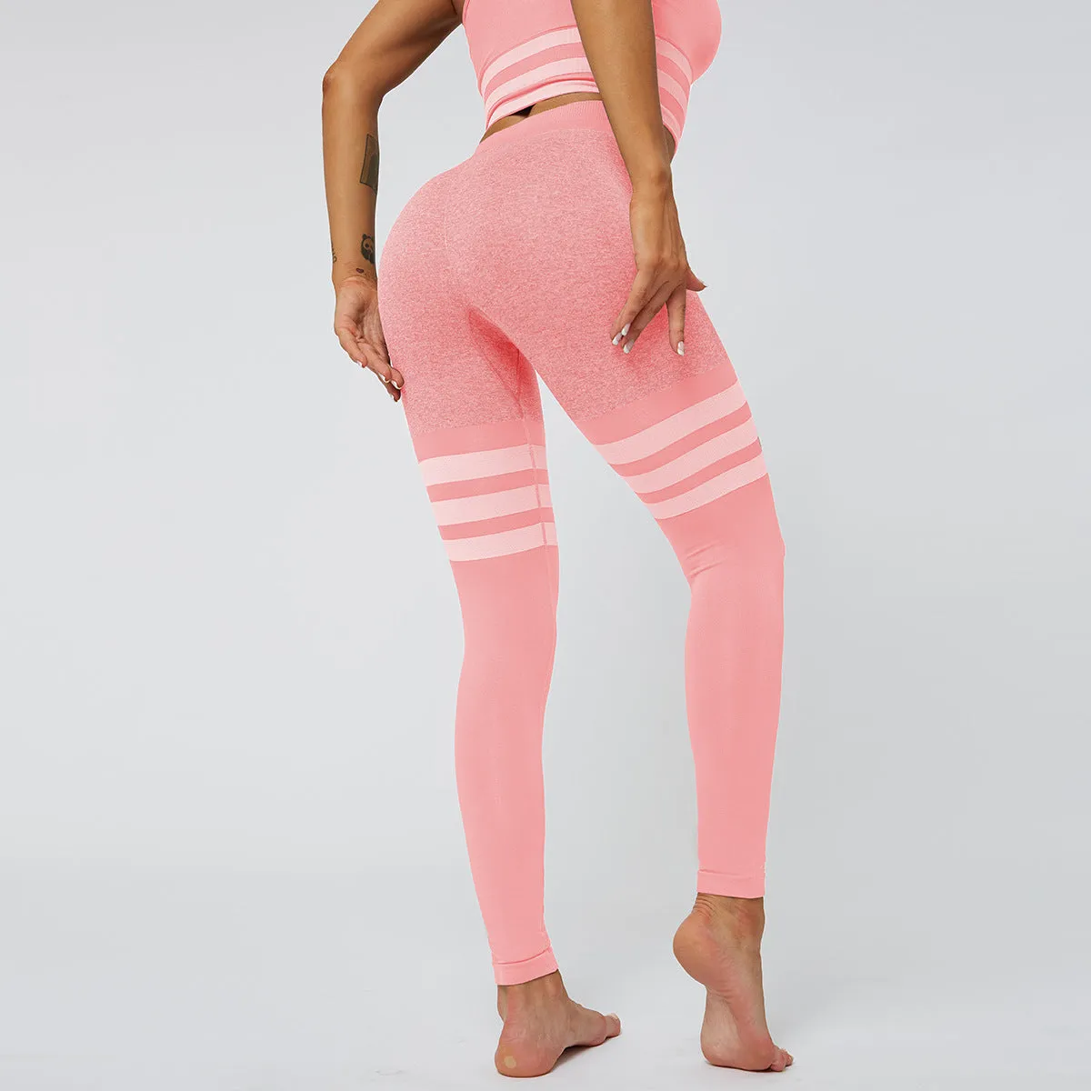 European and American Sexy Peach Hip High Waist Yoga Pants Women's Knitted Seamless and Breathable Striped Yoga Fitness Leggings