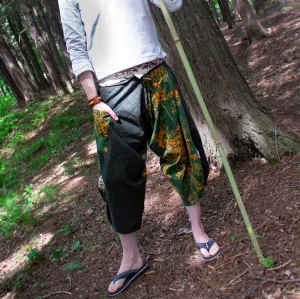 Green Bamboo Leaves samurai pants waist tied size S to XXL