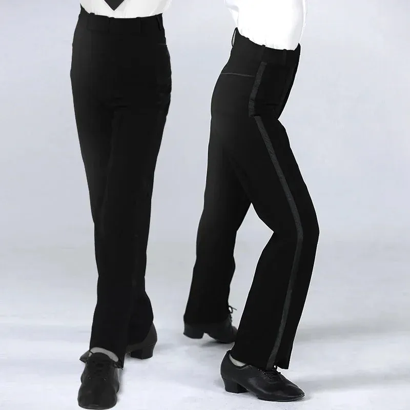 M331B Latin Dance Pants -Men and Boys Latin Modern Ballroom Performance Dance Pants -Black Satin Stripe Trousers