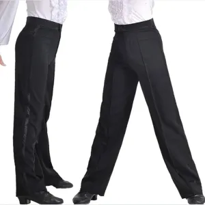 M331B Latin Dance Pants -Men and Boys Latin Modern Ballroom Performance Dance Pants -Black Satin Stripe Trousers