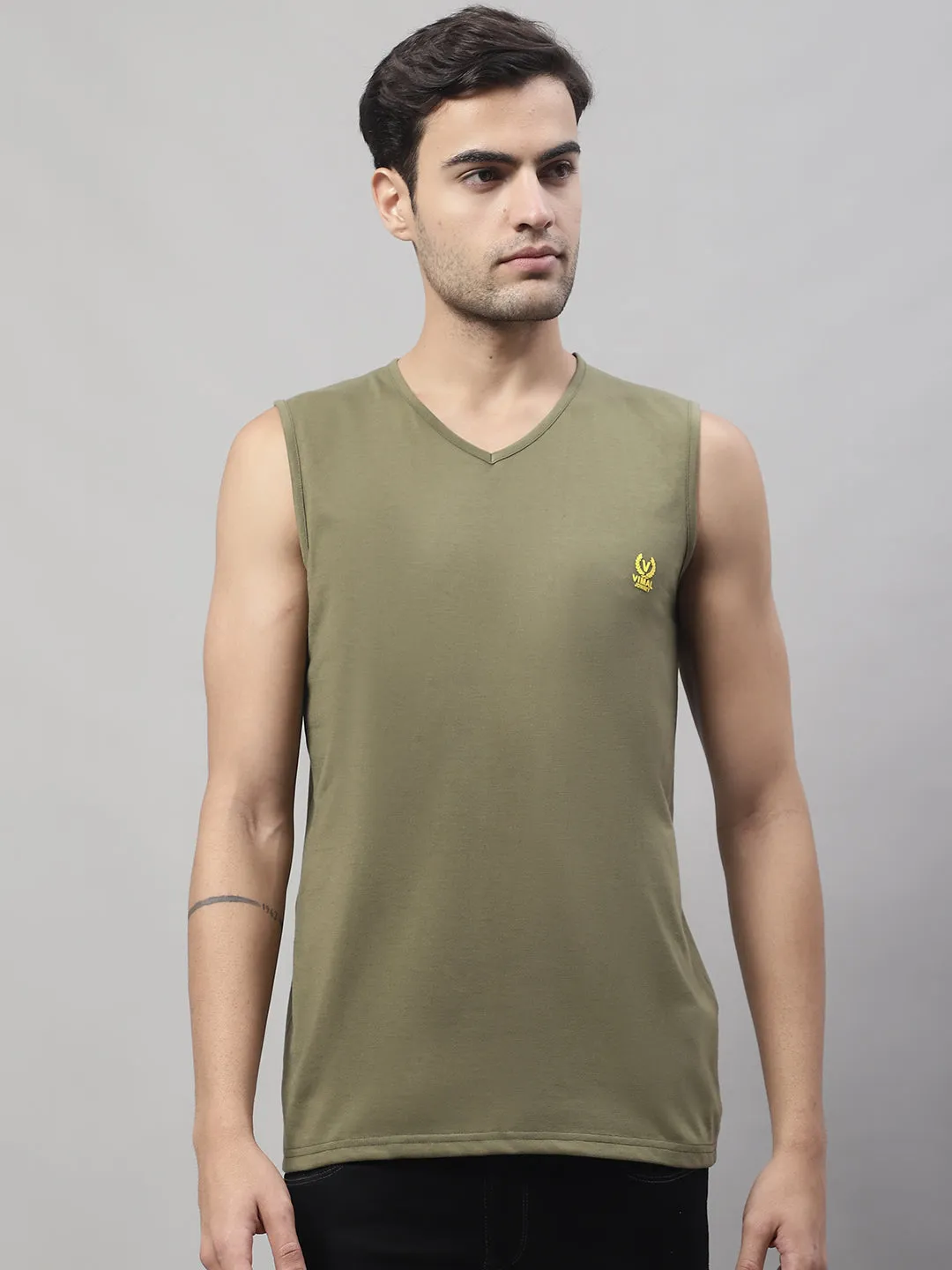 Vimal Jonney Regular Fit Cotton Solid Olive Gym Vest for Men
